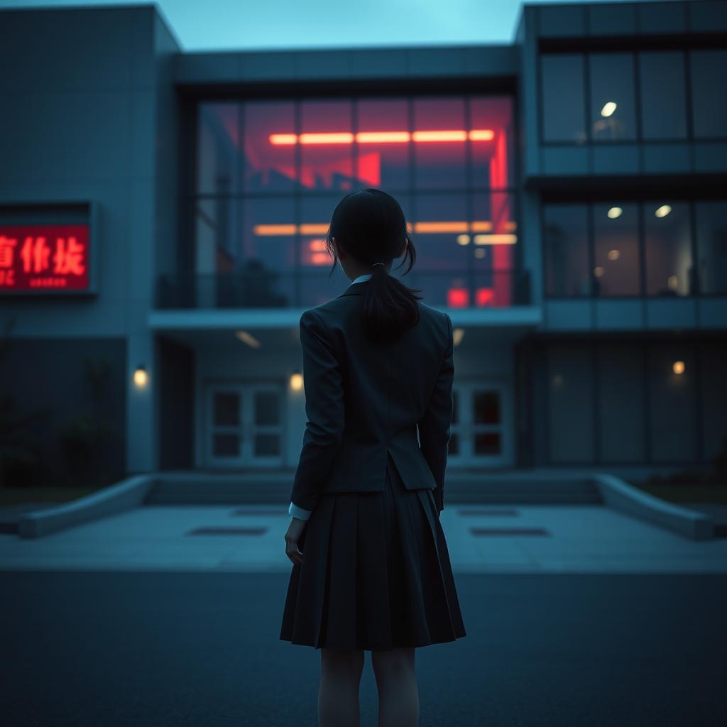 An Asian schoolgirl standing in front of a modern school, positioned at a distance