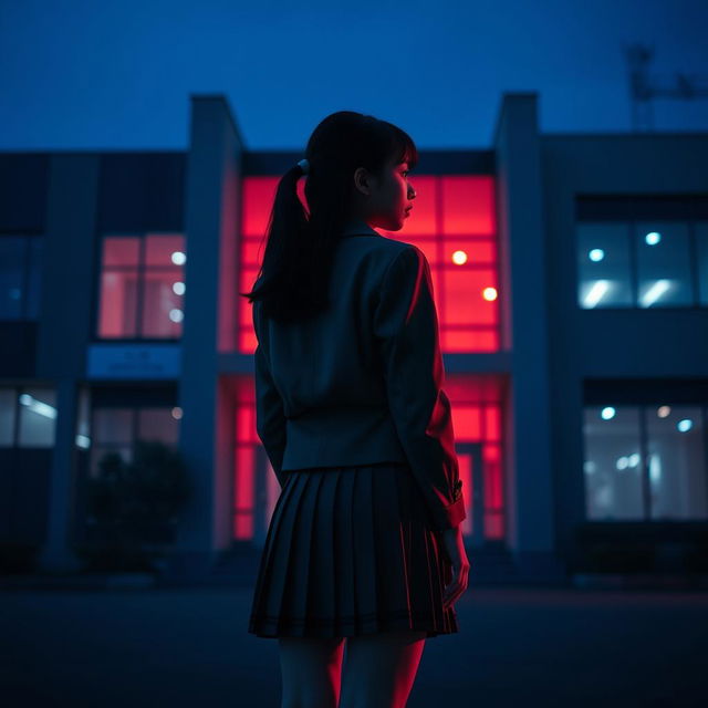 An Asian schoolgirl standing in front of a modern school, positioned at a distance