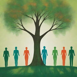 Create a high-definition, modern, and bright artwork emphasizing unity in diversity. Abstract human figures with their backs turned unite in tree planting, with a vibrant green landscape as the focal point. The non-cartoony style emphasizes collective responsibility and the impact of unity on a sustainable future.