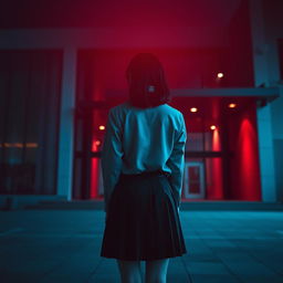 An Asian schoolgirl standing in front of a modern school, positioned at a distance