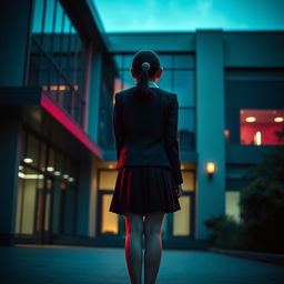 An Asian schoolgirl standing in front of a modern school, positioned at a distance