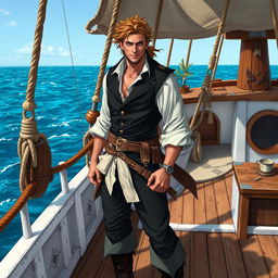 A male aasimar pirate, with radiant features and a confident demeanor, standing on the deck of a white-washed ship