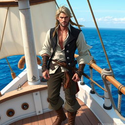 A male aasimar pirate, with radiant features and a confident demeanor, standing on the deck of a white-washed ship