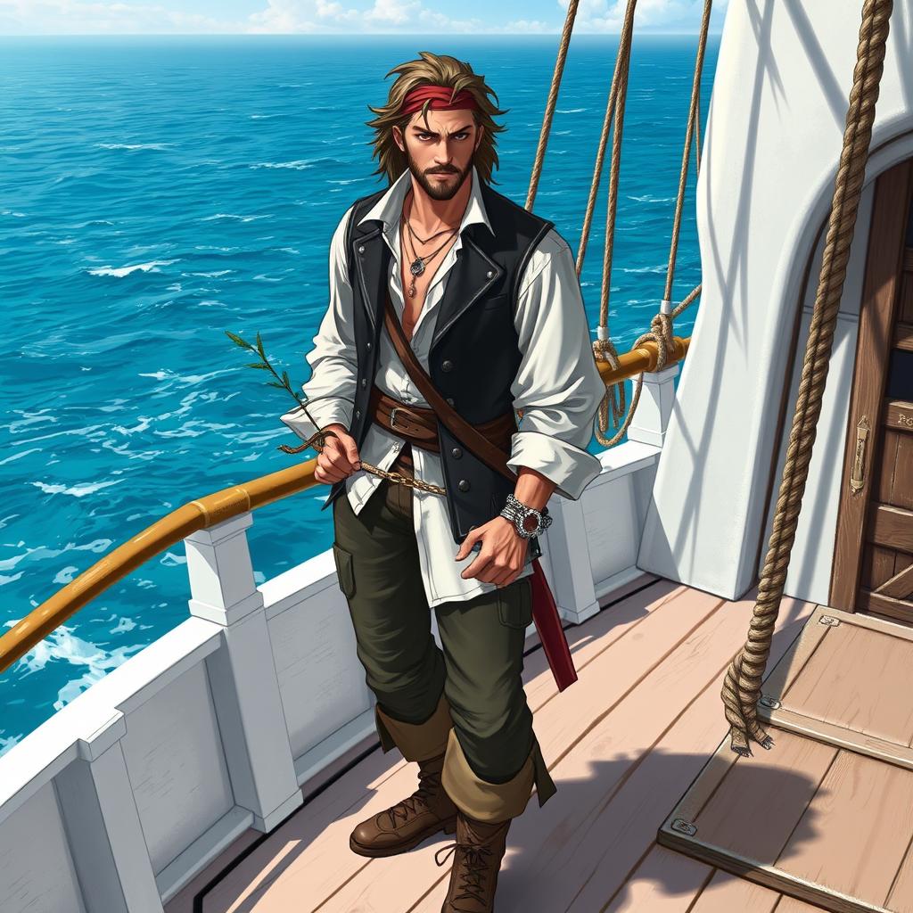 A male aasimar pirate, with radiant features and a confident demeanor, standing on the deck of a white-washed ship