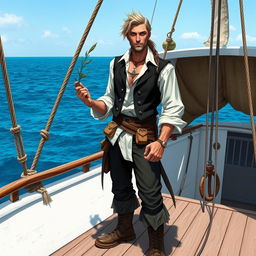 A male aasimar pirate, with radiant features and a confident demeanor, standing on the deck of a white-washed ship