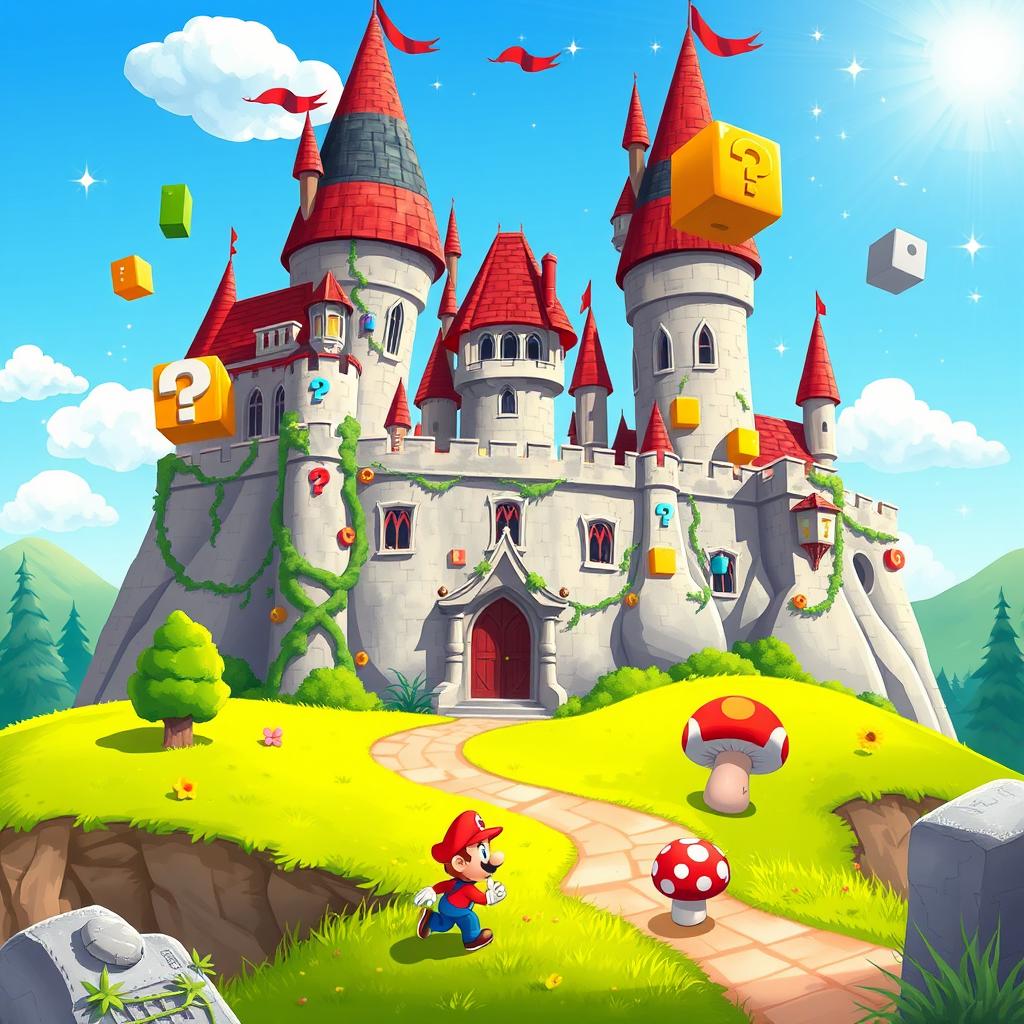 A fantastical illustration of Hogwarts Castle reimagined with a Mario Bros theme