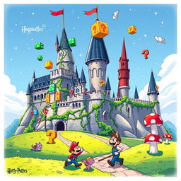 A fantastical illustration of Hogwarts Castle reimagined with a Mario Bros theme