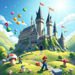 A fantastical illustration of Hogwarts Castle reimagined with a Mario Bros theme