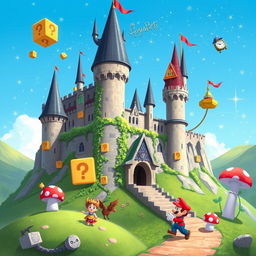 A fantastical illustration of Hogwarts Castle reimagined with a Mario Bros theme