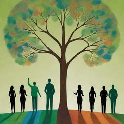 Create a high-definition, modern, and bright artwork emphasizing unity in diversity. Abstract human figures with their backs turned unite in tree planting, with a vibrant green landscape as the focal point. The non-cartoony style emphasizes collective responsibility and the impact of unity on a sustainable future.