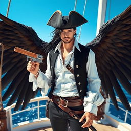 A male aasimar pirate with majestic, feathery wings unfurled behind him, standing proudly on the deck of a white-washed ship