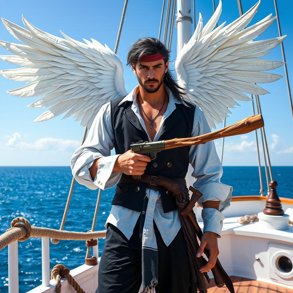 A male aasimar pirate with majestic, feathery wings unfurled behind him, standing proudly on the deck of a white-washed ship