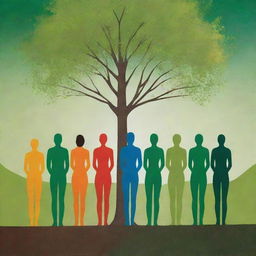 Create a high-definition, modern, and bright artwork emphasizing unity in diversity. Abstract human figures with their backs turned unite in tree planting, with a vibrant green landscape as the focal point. The non-cartoony style emphasizes collective responsibility and the impact of unity on a sustainable future.