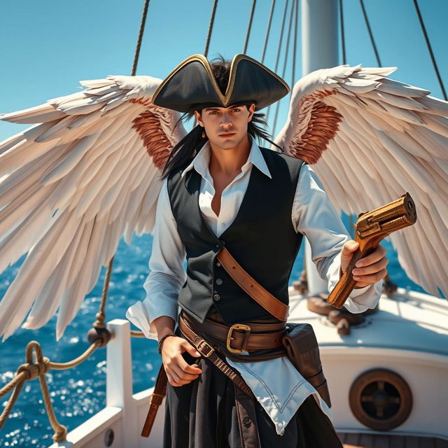 A male aasimar pirate with majestic, feathery wings unfurled behind him, standing proudly on the deck of a white-washed ship