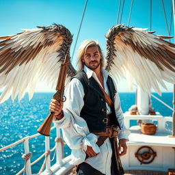 A male aasimar pirate with majestic, feathery wings unfurled behind him, standing proudly on the deck of a white-washed ship