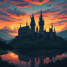 A breathtaking illustration of Hogwarts Castle set against a dramatic sunset sky