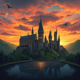 A breathtaking illustration of Hogwarts Castle set against a dramatic sunset sky