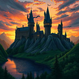 A breathtaking illustration of Hogwarts Castle set against a dramatic sunset sky