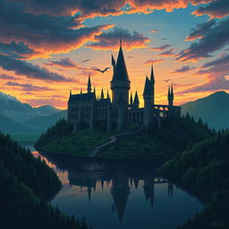 A breathtaking illustration of Hogwarts Castle set against a dramatic sunset sky