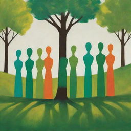 Create a high-definition, modern, and bright artwork emphasizing unity in diversity. Abstract human figures with their backs turned unite in tree planting, with a vibrant green landscape as the focal point. The non-cartoony style emphasizes collective responsibility and the impact of unity on a sustainable future.