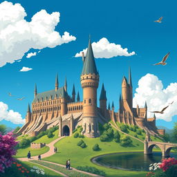 A captivating daytime illustration of Hogwarts Castle, showcasing its majestic architecture against a clear blue sky