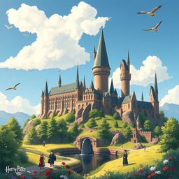 A captivating daytime illustration of Hogwarts Castle, showcasing its majestic architecture against a clear blue sky