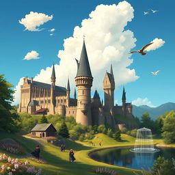 A captivating daytime illustration of Hogwarts Castle, showcasing its majestic architecture against a clear blue sky