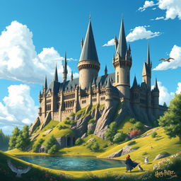 A captivating daytime illustration of Hogwarts Castle, showcasing its majestic architecture against a clear blue sky