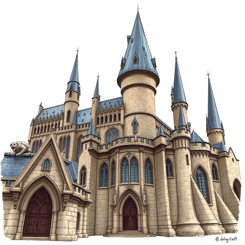 A detailed illustration of Hogwarts Castle, focusing solely on the architectural elements