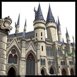 A detailed illustration of Hogwarts Castle, focusing solely on the architectural elements