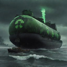 A menacing nuclearpunk tanker, adorned with radioactive symbols, lead-shielded cabins, and glowing reactors, transversing a toxic sea under a fallout-laden, dystopian sky.