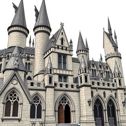 A detailed illustration of Hogwarts Castle, focusing solely on the architectural elements