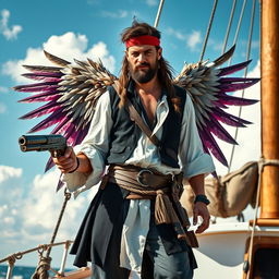 A male pirate with a rugged appearance, wearing a black vest over a loose white shirt