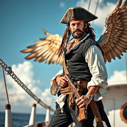 A male pirate with a rugged appearance, wearing a black vest over a loose white shirt