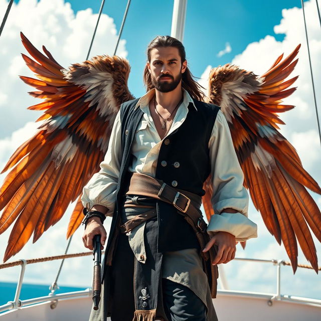 A male pirate with a rugged appearance, wearing a black vest over a loose white shirt