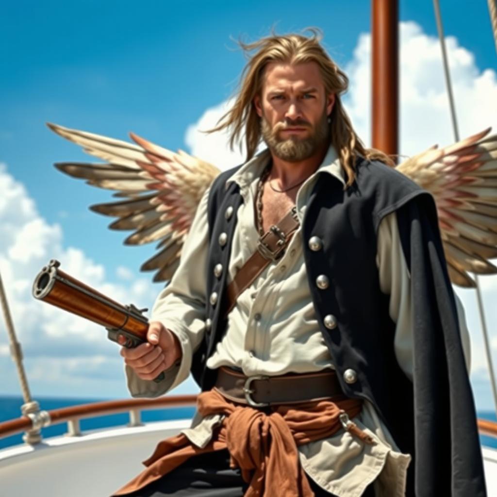 A male pirate with a rugged appearance, wearing a black vest over a loose white shirt