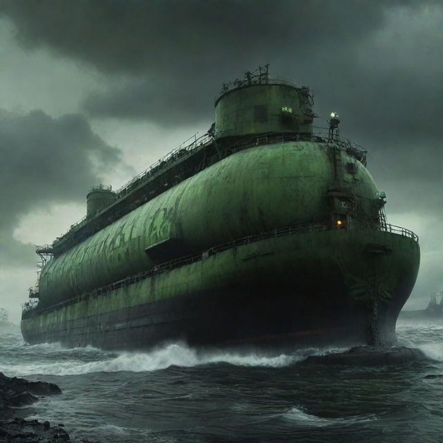 A menacing nuclearpunk tanker, adorned with radioactive symbols, lead-shielded cabins, and glowing reactors, transversing a toxic sea under a fallout-laden, dystopian sky.