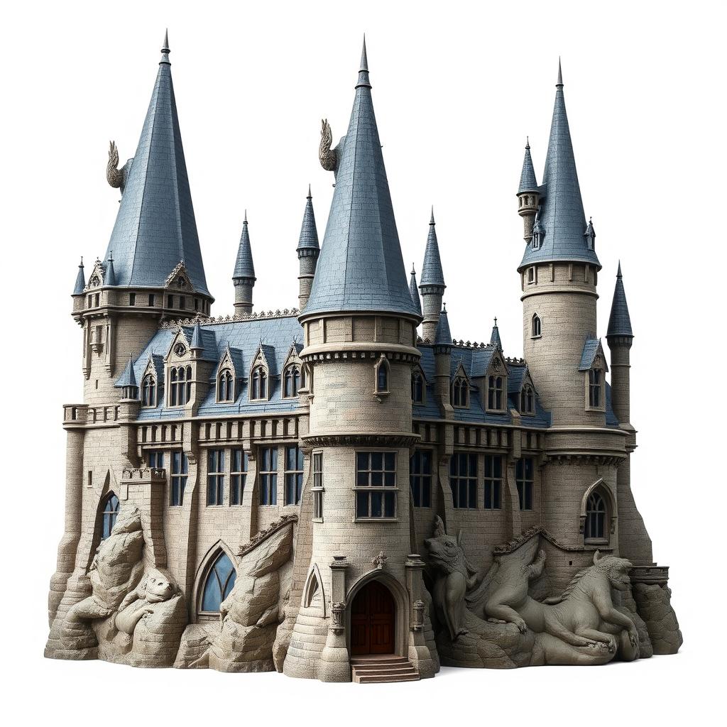 A detailed representation of Hogwarts Castle, focusing solely on its magnificent architectural features