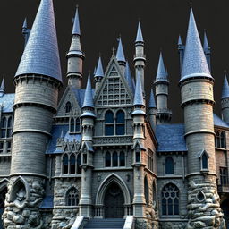 A detailed representation of Hogwarts Castle, focusing solely on its magnificent architectural features