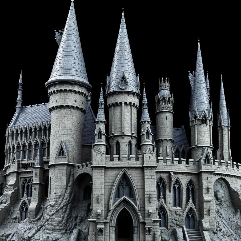 A detailed representation of Hogwarts Castle, focusing solely on its magnificent architectural features