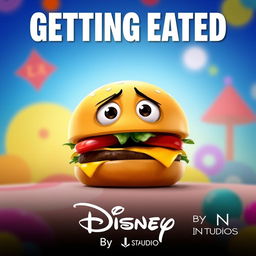 A vibrant movie poster featuring a cartoonish hamburger with big expressive eyes, looking worried and frightened as it's about to be eaten