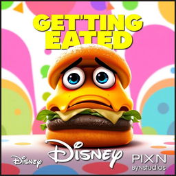 A vibrant movie poster featuring a cartoonish hamburger with big expressive eyes, looking worried and frightened as it's about to be eaten