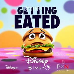 A vibrant movie poster featuring a cartoonish hamburger with big expressive eyes, looking worried and frightened as it's about to be eaten