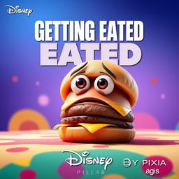 A vibrant movie poster featuring a cartoonish hamburger with big expressive eyes, looking worried and frightened as it's about to be eaten