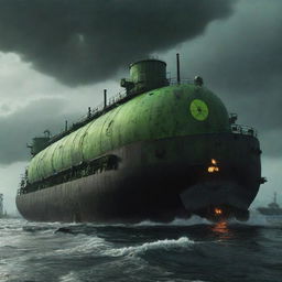 A menacing nuclearpunk tanker, adorned with radioactive symbols, lead-shielded cabins, and glowing reactors, transversing a toxic sea under a fallout-laden, dystopian sky.