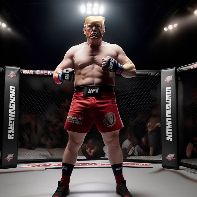 Re-imagine the earlier image of Donald Trump in a UFC debut with him specifically wearing Venum fighting shorts while standing assertively in the octagon.