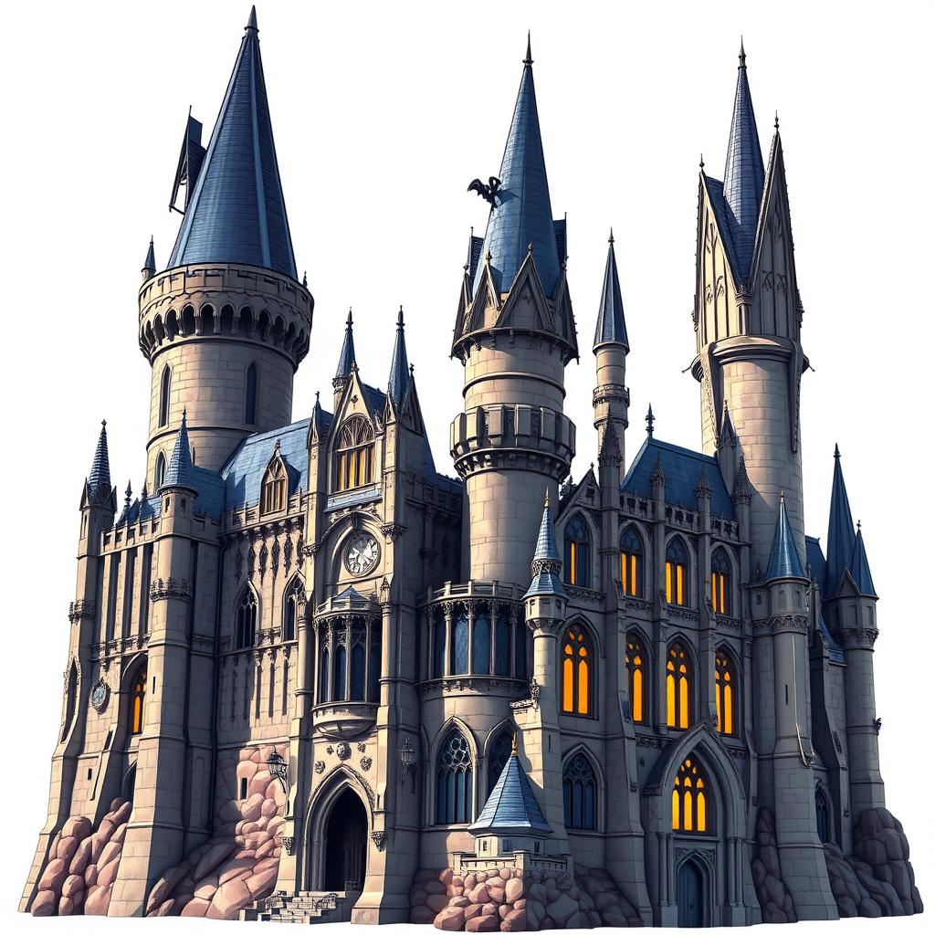 A detailed, isolated depiction of Hogwarts Castle, emphasizing its stunning architectural features without any background