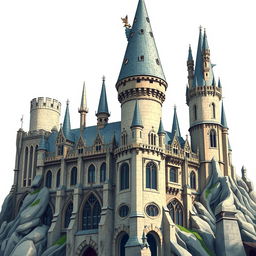 A detailed, isolated depiction of Hogwarts Castle, emphasizing its stunning architectural features without any background