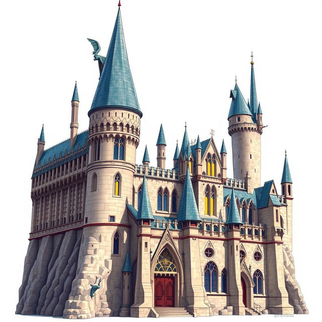 A detailed, isolated depiction of Hogwarts Castle, emphasizing its stunning architectural features without any background