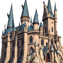 A detailed, isolated depiction of Hogwarts Castle, emphasizing its stunning architectural features without any background